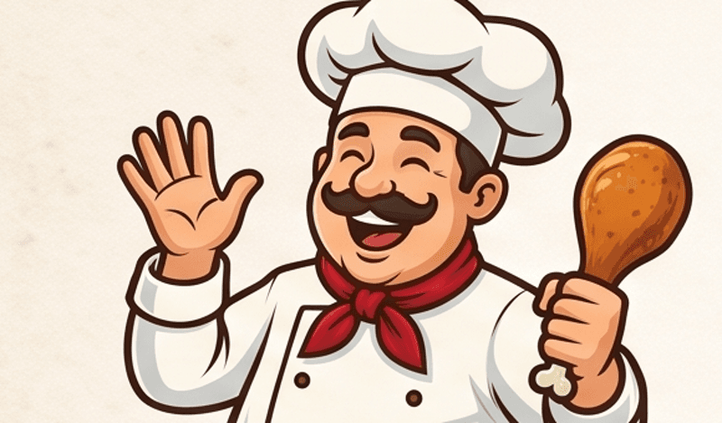 The Yummy Tummy chef mascot waving with a roasted leg piece